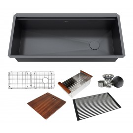 ALL-IN-ONE Workstation 42 in. 16-Gauge Undermount Single Bowl Stainless Steel Kitchen Sink w/Build-in Ledge and Accessories (Galaxy Pearl Black)